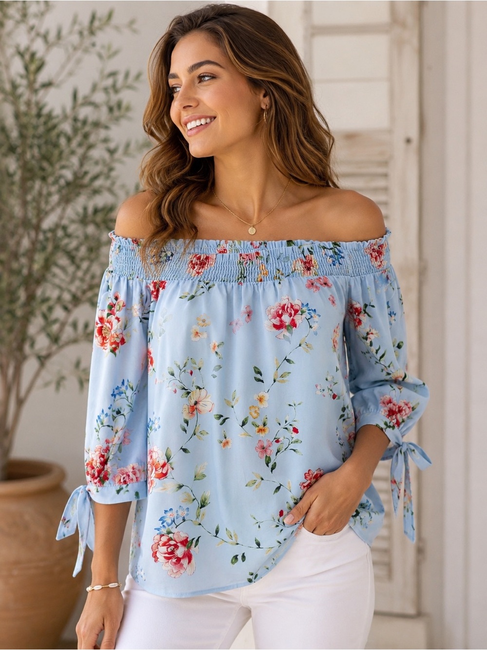 Orsay Blue Floral Off Shoulder Peasant Blouse EU 40 Boho Tie Sleeve Top